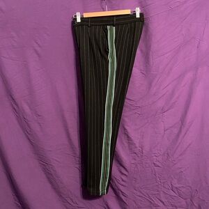 Zara Black Pinstripe Trousers with Green/Yellow Piping on Sides. Size S.